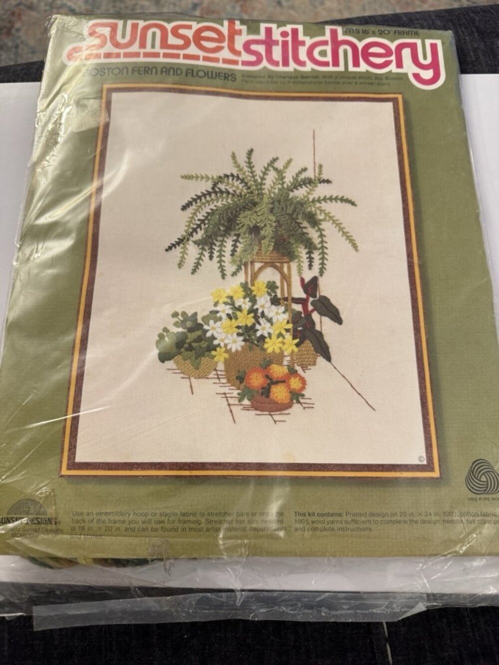 Vintage 1975 Sunset Stitchery Boston Fern Flowers Embroidery 3D Kit 16 x 20 EB6
